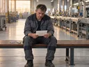 Erschöpfter Arbeiter sitzt mit einem Brief in der Hand auf einer Bank in einer Fabrikhalle