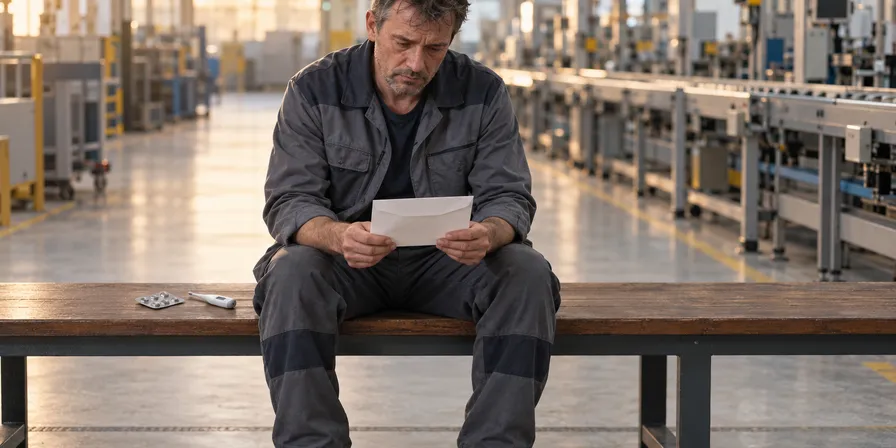 Erschöpfter Arbeiter sitzt mit einem Brief in der Hand auf einer Bank in einer Fabrikhalle
