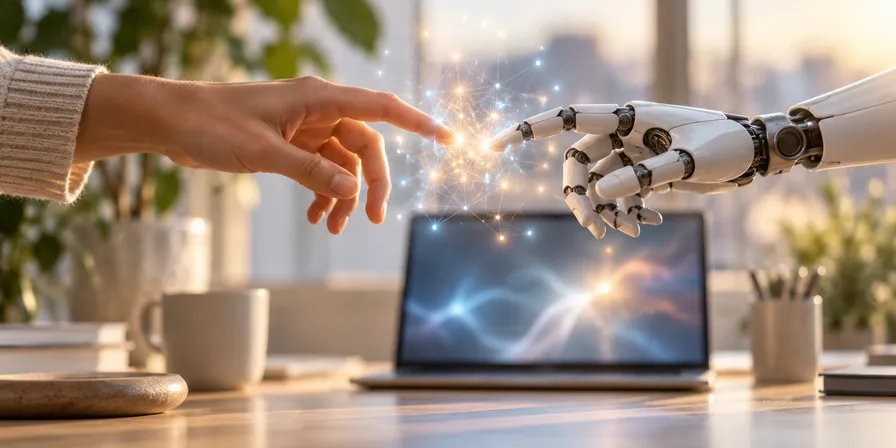 Menschliche Hand und Roboterhand berühren sich fast über einem Schreibtisch mit Laptop, dazwischen leuchtende Lichtpunkte