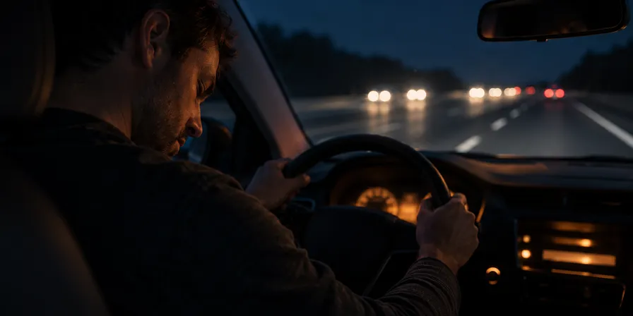 Übermüdeter Autofahrer mit gesenktem Kopf am Steuer bei Nacht auf der Autobahn