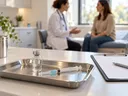 Impfstofffläschchen und Spritze auf einem Edelstahltablett, im Hintergrund ein Arztgespräch
