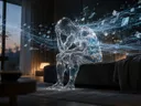 Gläserne Figur sitzt gebeugt auf einem Sofa, umgeben von davonfliegenden Datenfragmenten