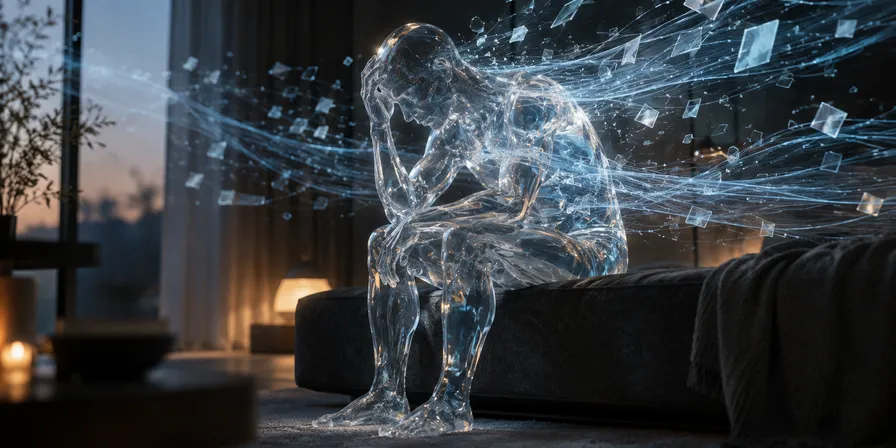Gläserne Figur sitzt gebeugt auf einem Sofa, umgeben von davonfliegenden Datenfragmenten