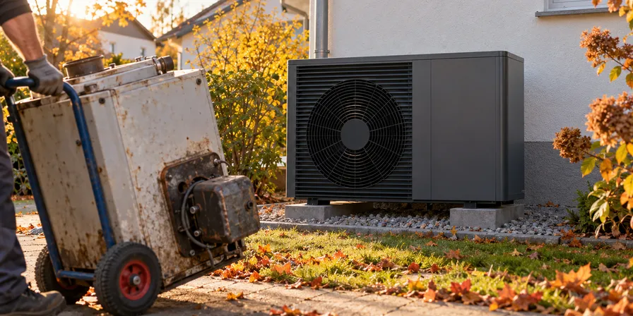 Neue Wärmepumpe vor einem Einfamilienhaus, im Vordergrund wird ein alter Heizkessel abtransportiert
