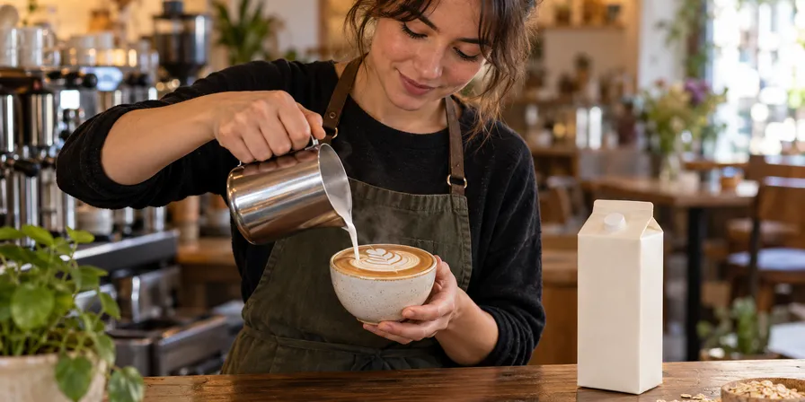 Barista gießt Hafermilch in einen Cappuccino, daneben ein Milchkarton und Haferflocken