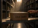 Verschnürter Archivkarton im Lichtstrahl auf einem Regal, eine Hand zögert davor