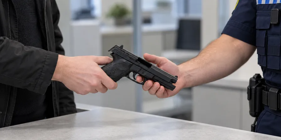 Eine Pistole wird an einem Behördentresen an einen Polizisten übergeben