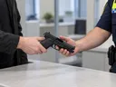 Eine Pistole wird an einem Behördentresen an einen Polizisten übergeben