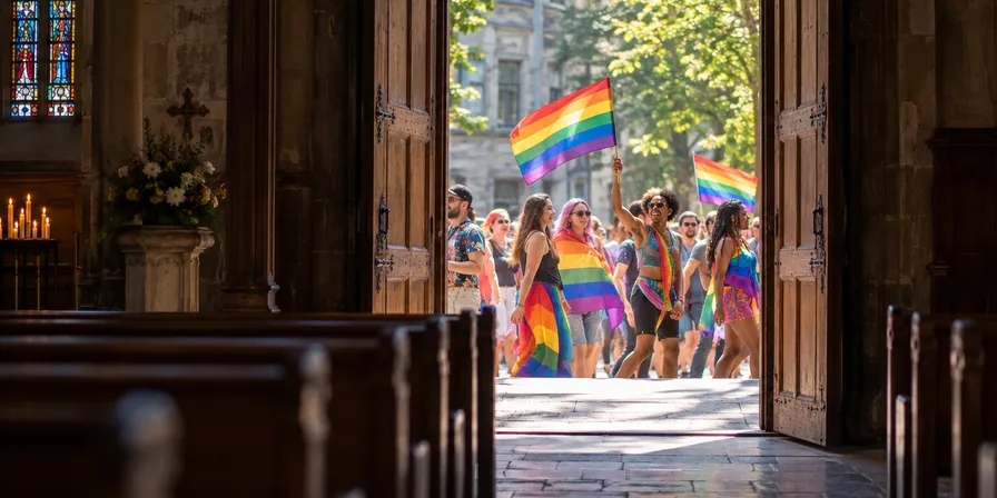 Blick aus einer Kirche durch das offene Portal auf eine fröhliche CSD-Parade mit Regenbogenfahnen