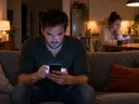 Wütender Mann tippt nachts auf dem Sofa in sein Smartphone, im Hintergrund liest eine Frau gekränkt ihr Handy