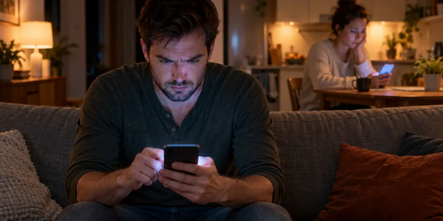 Wütender Mann tippt nachts auf dem Sofa in sein Smartphone, im Hintergrund liest eine Frau gekränkt ihr Handy