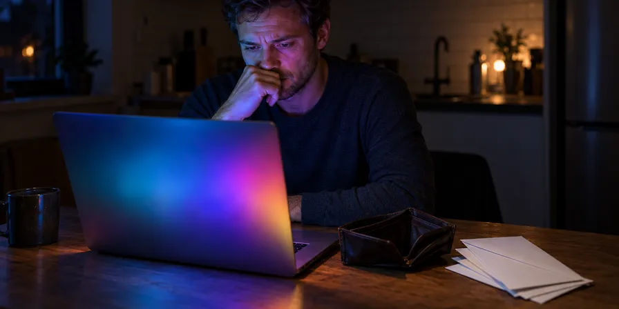 Besorgter Mann sitzt nachts vor einem bunt leuchtenden Laptop, daneben eine leere Geldbörse und Briefe
