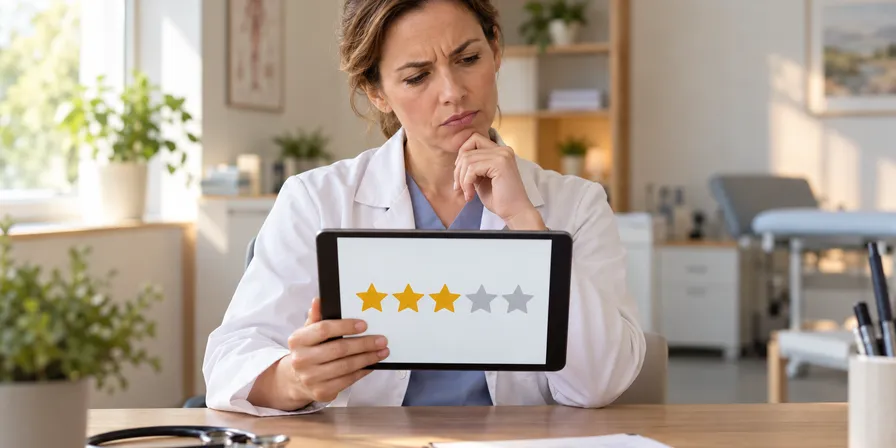 Ärztin blickt skeptisch auf ein Tablet mit drei von fünf Sternen