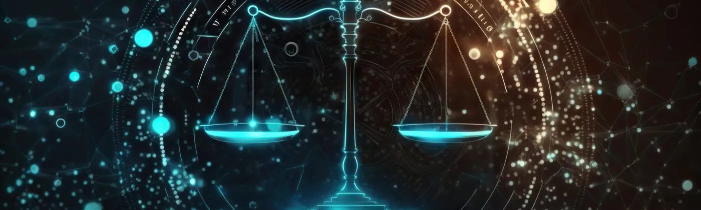 Waage der Gerechtigkeit, symbolisch dargestellt vor digitalem Hintergrund